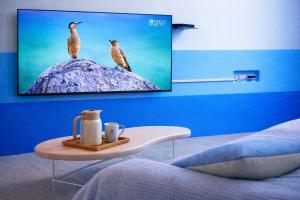 a tv on a blue wall with two birds on a rock at 跳跳民宿 包棟首選 離島慢活 海島體驗 浮潛潛水 生態旅遊 in Xiaoliuqiu
