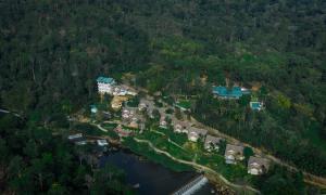 an aerial view of a house on a hill next to a river at Blanket Riverside Resort and Spa in Munnar