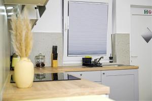 a kitchen with a window with a vase on a counter at Red Maple Apartments in Maribor