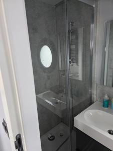 a bathroom with a shower and a sink at Fjord Lyckholm in Schleswig +3 photos