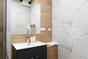 a bathroom with a sink and a mirror at Luxury Apartments Musialika 18 in Bytom +45 photos