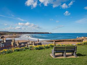 a bench sitting on the grass near the beach at 1 Bed in Buckie oc-94536 in Cullen