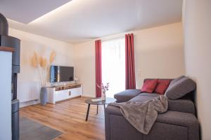 a living room with a couch and a tv at Ferienhaus "Zum Lochstein" in Sankt Andreasberg