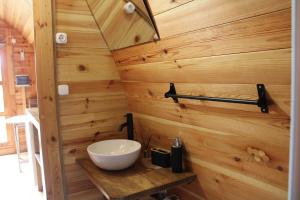 a bathroom with a sink in a wooden wall at Quinta da Devesa -B2 in Vinhais +37 photos