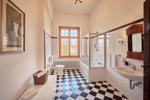 a bathroom with a sink and a shower and a toilet at Schloss - Schenke Tunzenberg in Mengkofen +38 photos