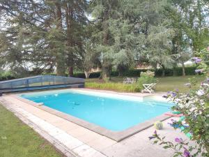 a large blue swimming pool in a yard at B&B chez Nicole in Montaut +34 photos