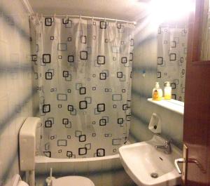 uma casa de banho com uma cortina de chuveiro e um lavatório em Love Greece Apartments em Nafplio
