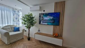 a living room with a chair and a tv on the wall at Sea Nest in Šušanj