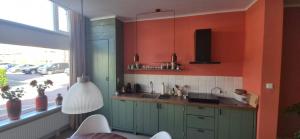 a kitchen with green cabinets and an orange wall at Spoor 24 in Dieren +6 photos