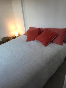 a bed with two red pillows on top of it at Un petit nid au calme, à 4 minutes de la plage ! in Banyuls-sur-Mer