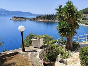a view of a lake with a street light and a tree at Thea Monastiraki in Nafpaktos
