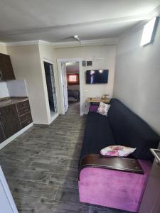 a living room with a couch and a tv at Şehzade Apart Otel in Fethiye