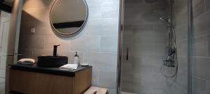 a bathroom with a shower and a mirror at Bienvenue chez Céline in Mareuil-sur-Ourcq