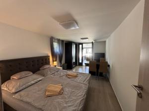 a bedroom with a bed and a dining room at LUX Pool Villa Zamárdi in Zamárdi +17 photos