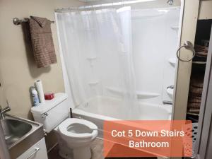 a bathroom with a shower and a toilet and a sink at Cottage 5 Duplex in Eckman ATV Fun and Rentals! in Northfork