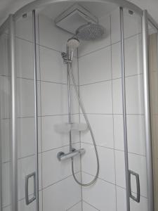 eine Dusche mit Duschkopf im Badezimmer in der Unterkunft AlbFreizeit in Göppingen