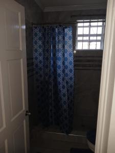 a bathroom with a shower with a blue shower curtain at Turtle Bay in Bridgetown
