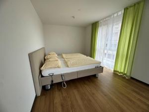 a bedroom with a bed and a window with green curtains at Giesserei in Arbon