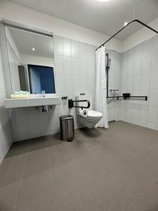 a bathroom with a toilet and a sink and a mirror at Giesserei in Arbon +26 photos