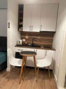 a small kitchen with a table and two chairs at Downtown Apartment Rooms in Tirana +13 photos