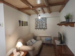 a living room with a couch and a tv at Casa Belén Javierre de Bielsa in Bielsa