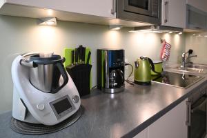 a kitchen counter with a blender on top of it at Design Ferienhaus Kamerun an der Elbe in Damnatz +99 photos