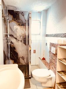 a bathroom with a toilet and a shower at Pension Nazli Lübeck in Lübeck +12 photos