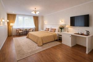 a bedroom with a bed and a flat screen tv at Zlatý Sloup in Karlovy Vary