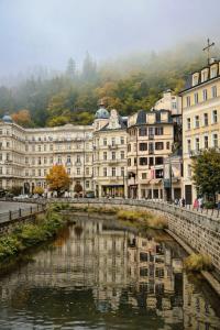 a city with a river in front of buildings at Zlatý Sloup in Karlovy Vary