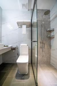 a bathroom with a toilet and a shower at Samann Blue in Hulhumale +30 photos
