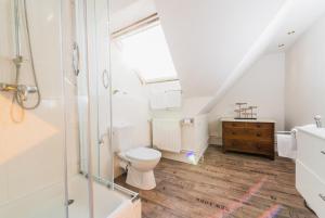 a bathroom with a toilet and a shower and a sink at Ferienhaus Swanen Hus in Nordstrand