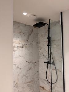 a shower in a bathroom with a marble wall at The Corner-LISETTE in Oedelem