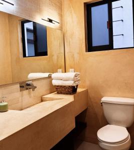 a bathroom with a toilet and a sink and a mirror at Casa San Martín, Campeche #1 in Campeche