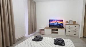 a room with a television and a dresser with a bed at Single room Perfect for couples or singles in Roşu