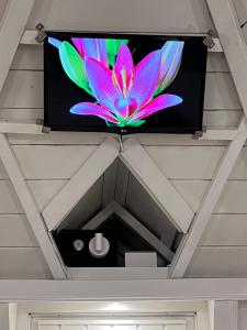 a flat screen tv with a colorful flower on a ceiling at B&B Chalet Grillkota in Trasadingen