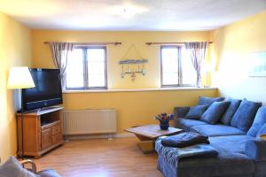 a living room with a blue couch and a tv at Ferienwohnung Ankerpladsen Jolle in Behrensdorf