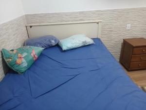 a bed with blue sheets and two pillows on it at Pousada Coutinho in Paraty