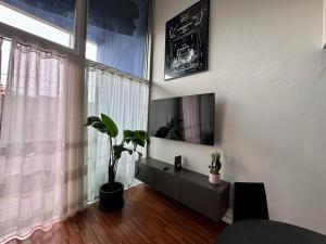 a living room with a flat screen tv and plants at Private Luxury Loft in Crescenzago