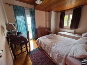 a bedroom with a bed and a desk and window at Cosy apartment in Sparta in Sparta