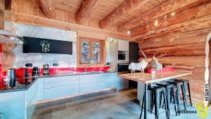 a kitchen with wooden walls and a counter with stools at Chalet Trappeur 8 Personnes in Beaune +21 photos