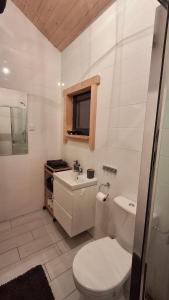 a white bathroom with a toilet and a sink at Slow Lake House Koszarka in Gródek Nad Dunajcem +38 photos