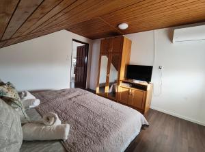 a bedroom with a bed and a television in it at Csengi Apartman in Balatonszárszó
