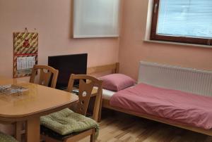 a room with a table and a bed and a table and chairs at Modrina in Kobarid
