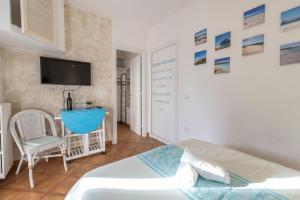 a bedroom with a bed and a desk and a tv at Ventimiglia Garden Suite in Olbia