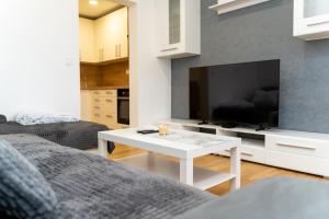 a living room with a tv and a white coffee table at Edi Residence in Oplotnica