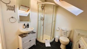 a bathroom with a shower and a toilet and a sink at Broadway Apartment in London