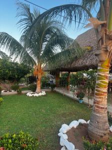 two palm trees in a yard with a building at Rancho Agua Fria in Jucuarán
