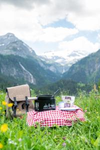 a picnic table with food and coffee on a field of grass at Chalet Valentina in Chateau-d'Oex
