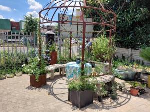 a garden with a bird cage with plants in it at Uncle Charlie in Kroonstad