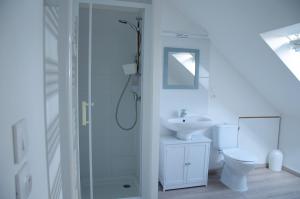 a bathroom with a shower and a toilet and a sink at Le Relais de Poste in Orbigny